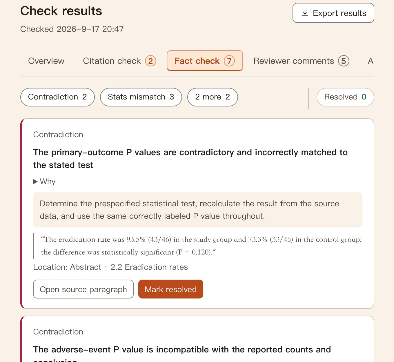 Check results in MediCrab: the Fact check tab lists contradictory P values