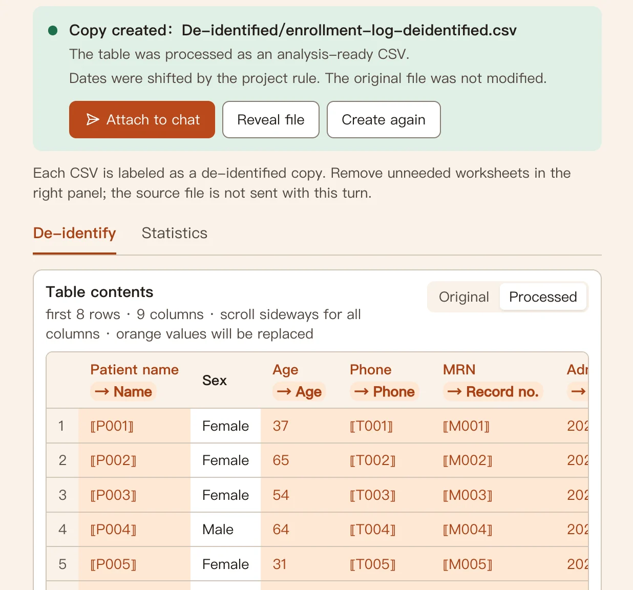 De-identification in MediCrab: names, phone numbers and record numbers replaced with codes