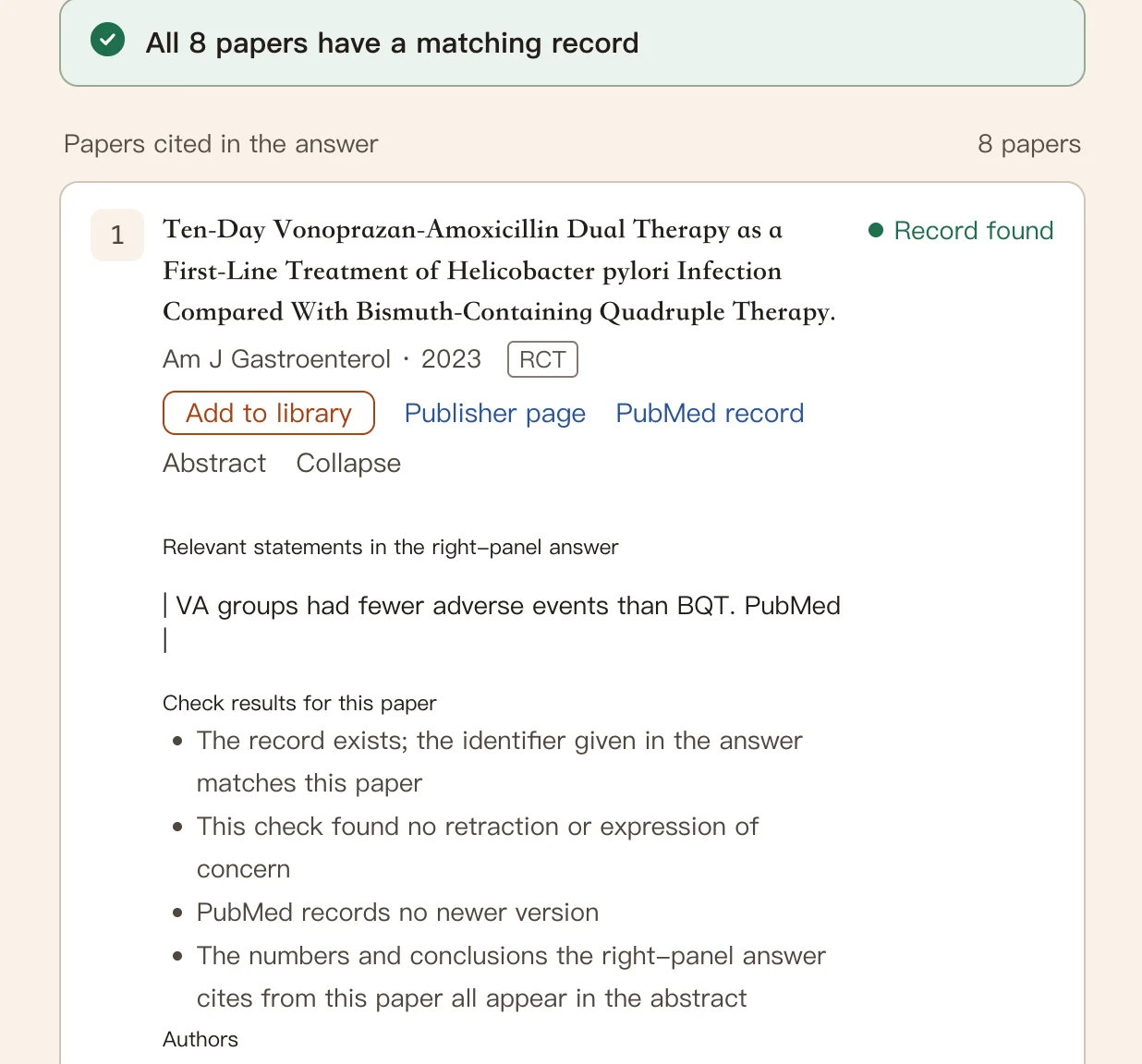 MediCrab sources page: every cited paper matched its record, with the checks listed